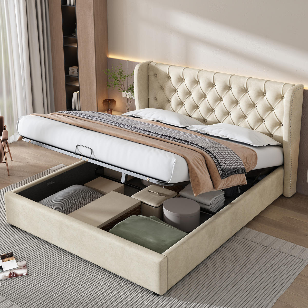POLSTERBETT 140/190 cm mit hydraulischem Bettkasten, Lattenrost und Kopfteil in Ohrenform aus Samt, Beige - Beige, Textil (140/190cm) - Redom