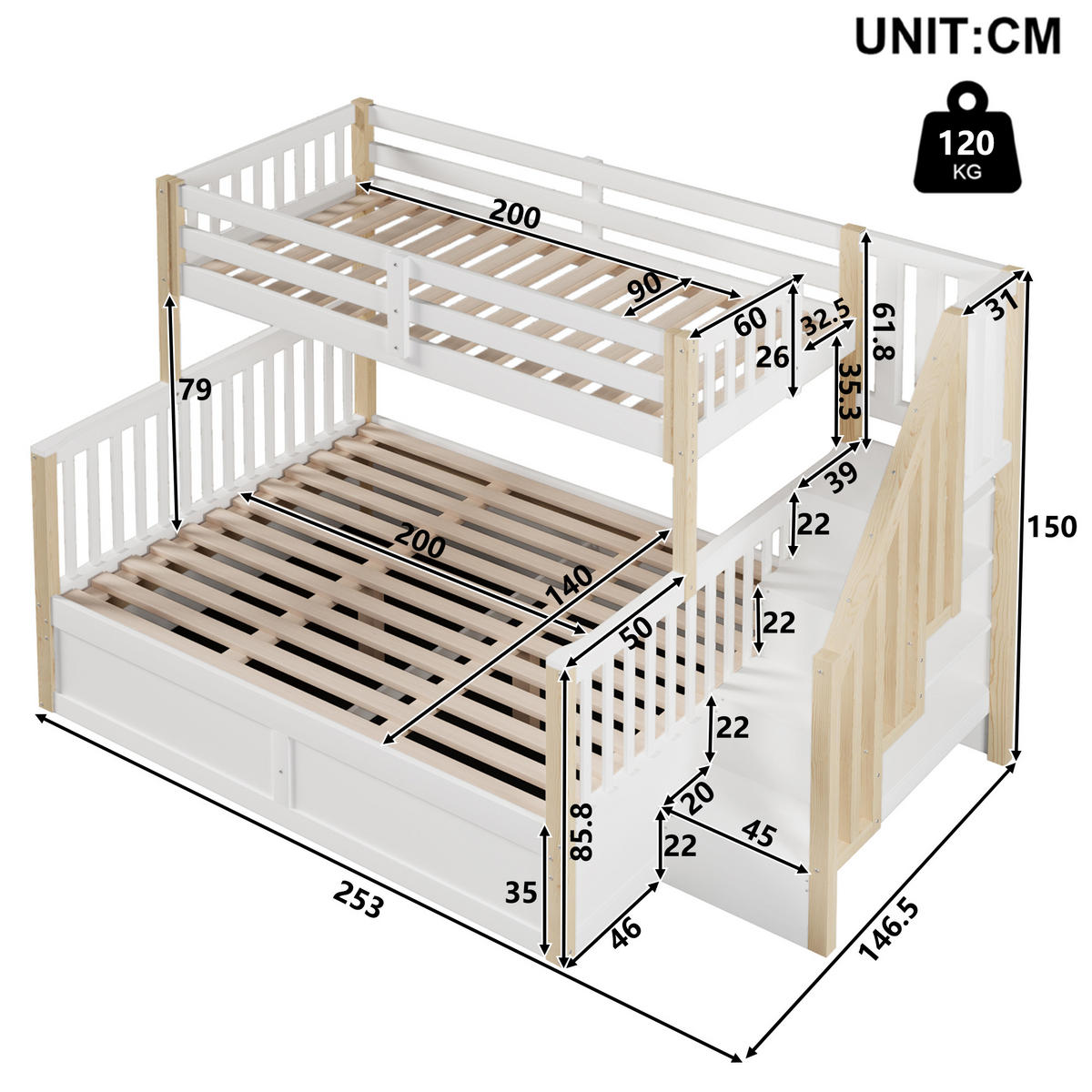 ETAGENBETT Holzbett 90x200+140x200 Weiß/Natur - Naturfarben, Holz (90/200cm) - ComfortXL