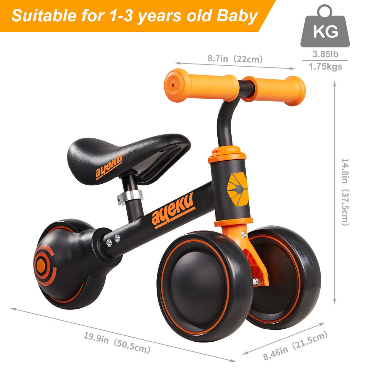 LAUFRAD KINDER mit verstellbarem Sitz und leisen Rädern, 36cm, Schwarz - Schwarz, Metall (51/22/36cm) - Ayeku