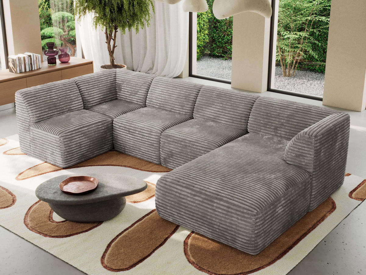 WOHNLANDSCHAFT MODARO U 6M - Hellbraun Cord - Rechts - Hellbraun/Schwarz, Textil (345/78/180cm) - MKS