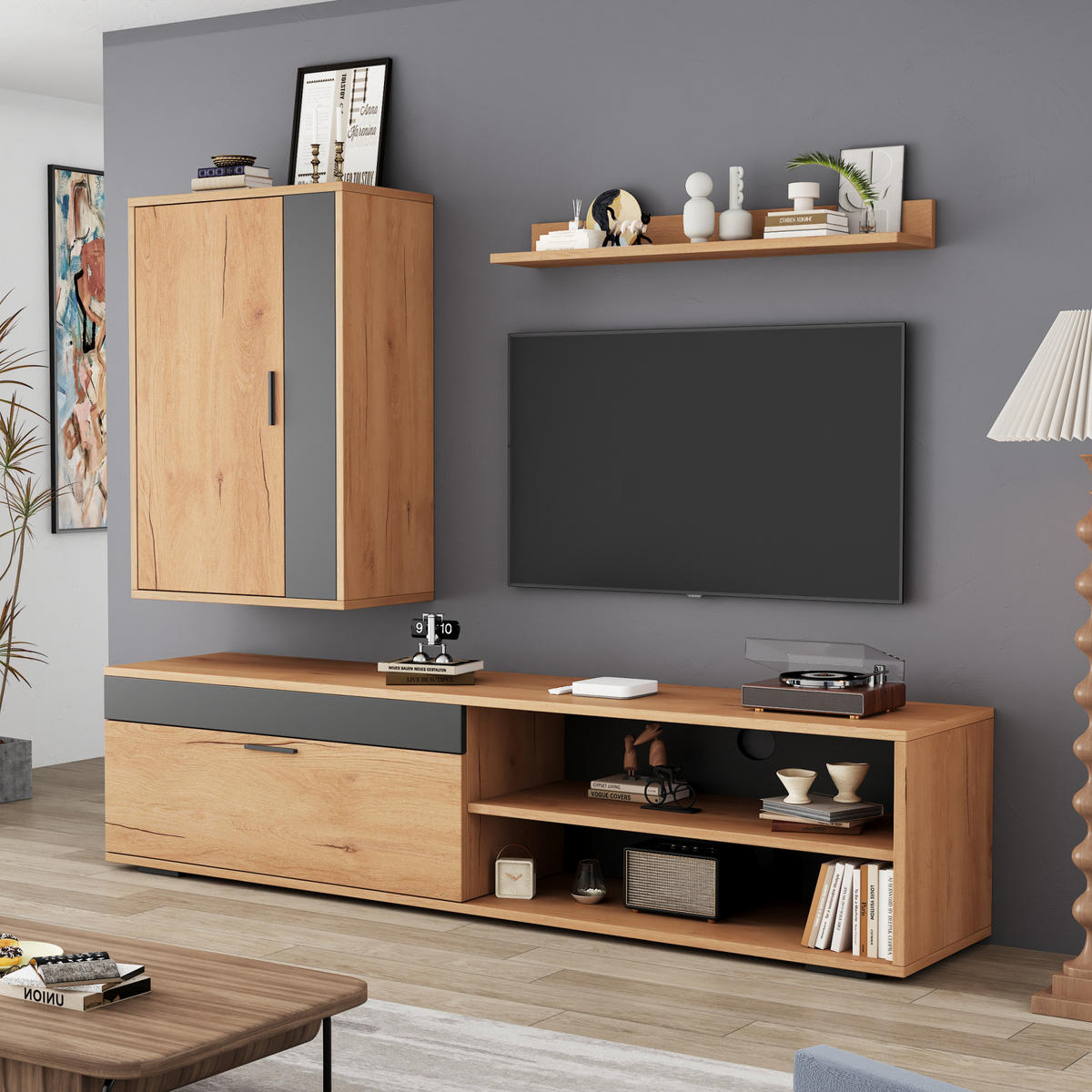 TV-WOHNWAND 3-tlg. 140 cm Eiche/Schwarz - Braun, Holzwerkstoff (35/39/140cm) - Beauniv