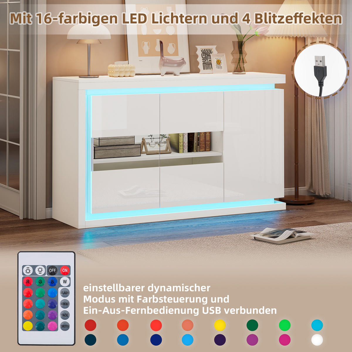 SIDEBOARD LED Hochglanz 4 Fächer Glas 140x40x84cm - Weiß, Holzwerkstoff (40/84/140cm) - FLIEKS