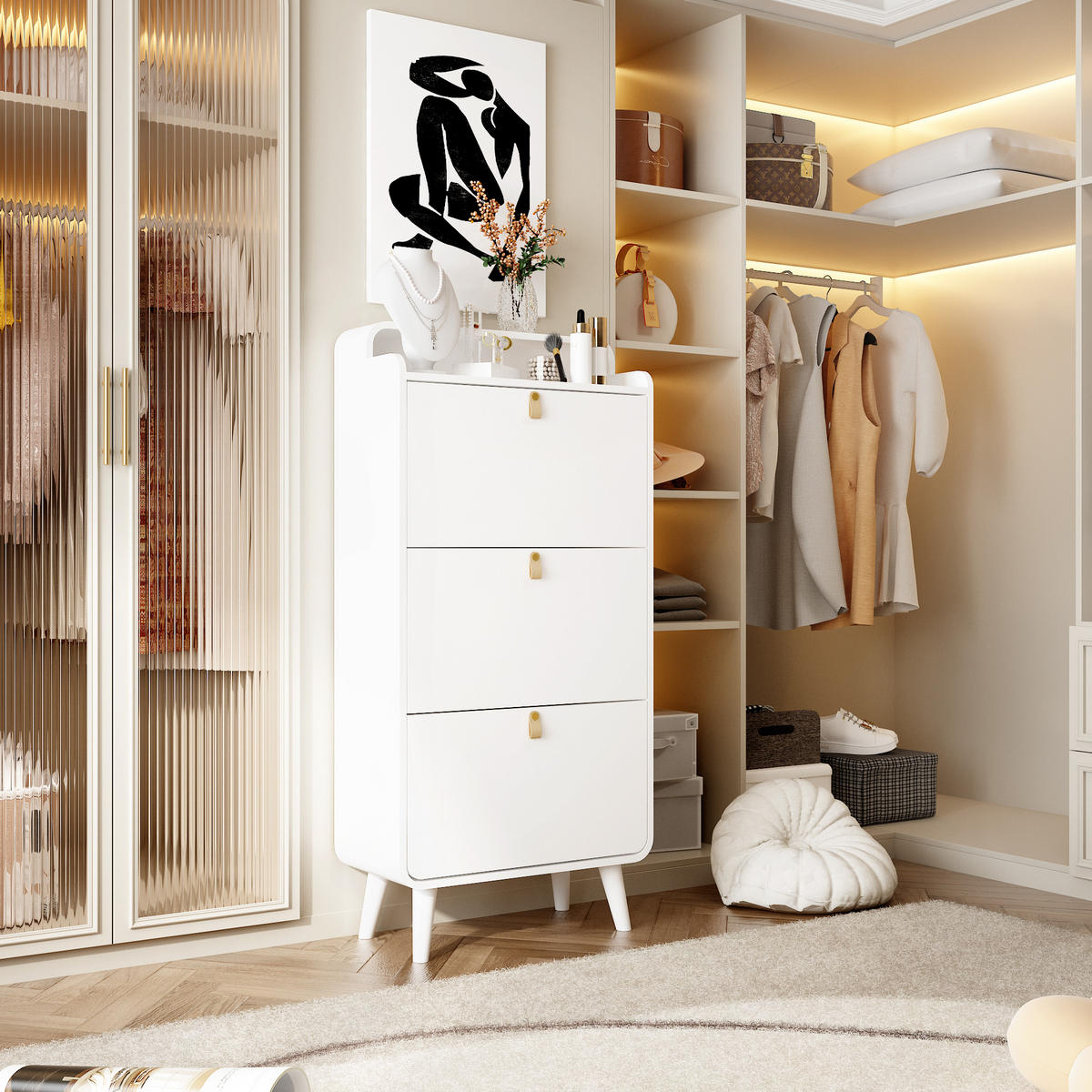 SCHUHSCHRANK aus MDF & Melamin in Weiß mit 3 Klapptüren - Weiß, Holzwerkstoff (63/133.7/29.5cm) - Modfu