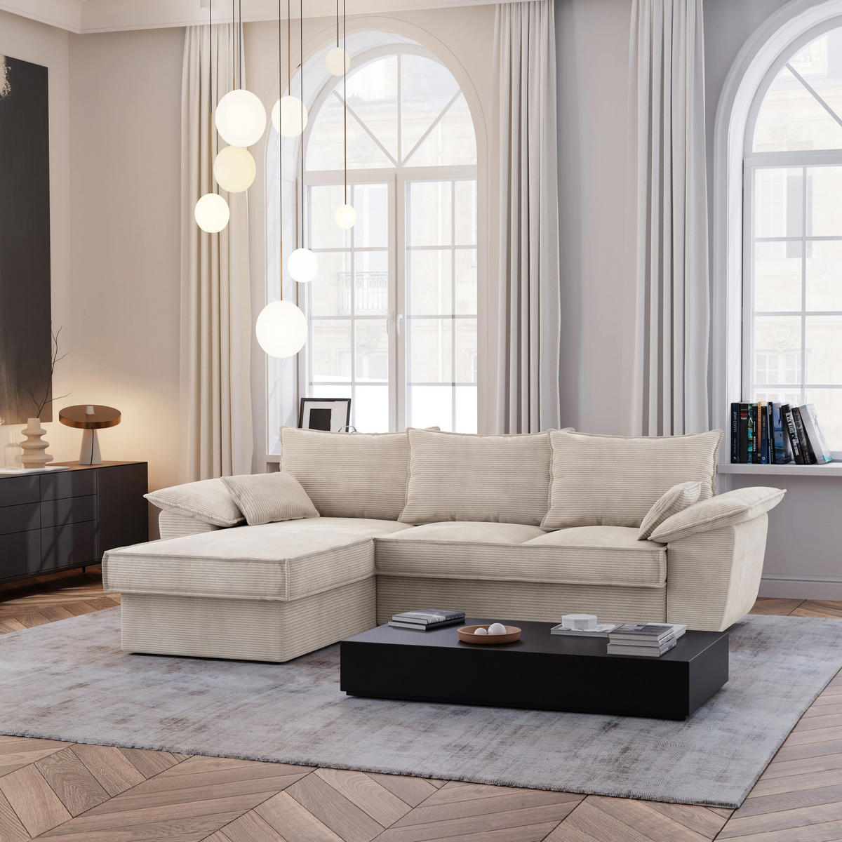 ECKSOFA LINKS Gerippter Samt Creme 257cm - Creme, Textil (168/257cm) - Sia Home