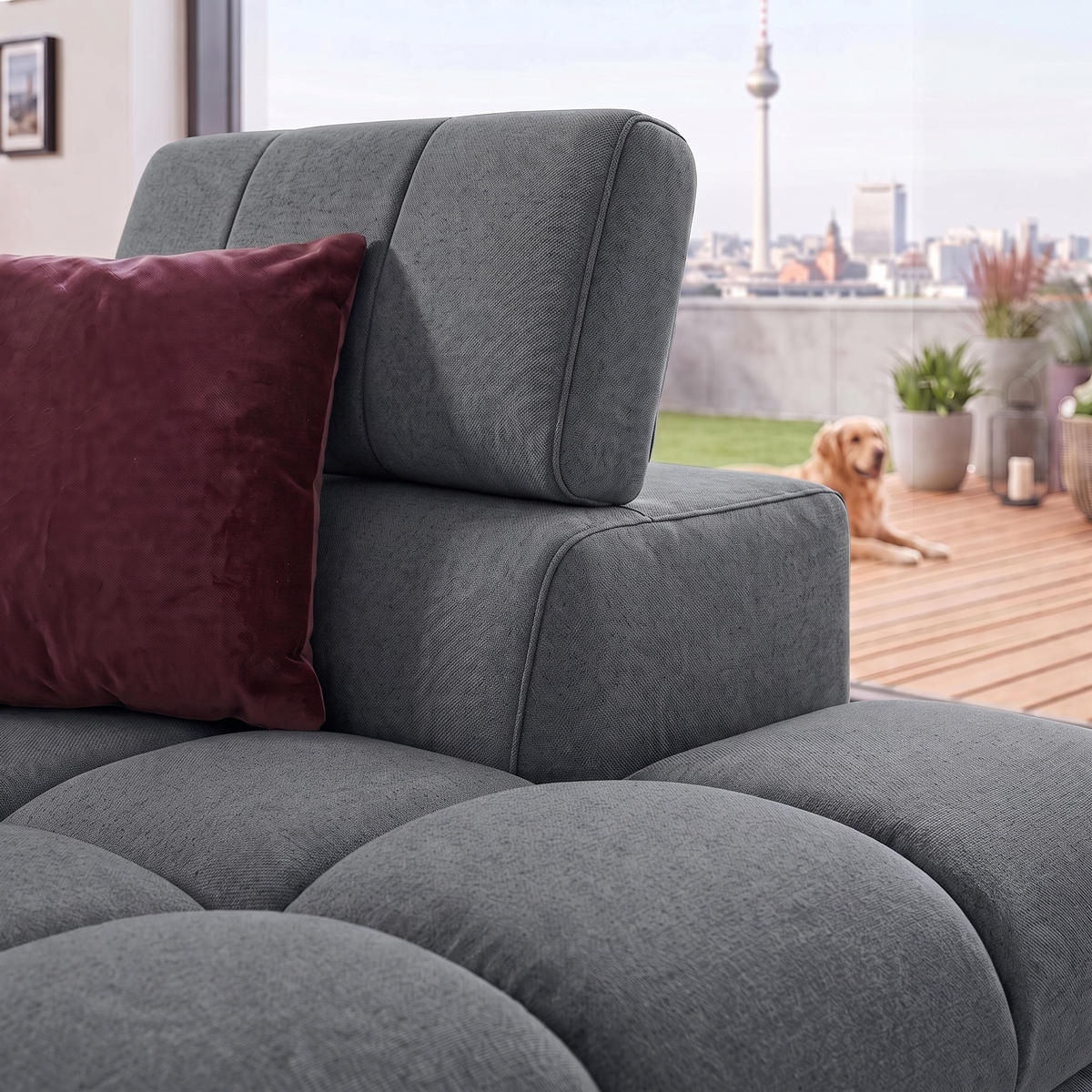 ECKSOFA PUDDING MAXI L Rechts mit Schlaffunktion 125x195 Velours Dunkelgrau - Dunkelgrau/Schwarz, Holz/Textil (350/203cm) - Muffo