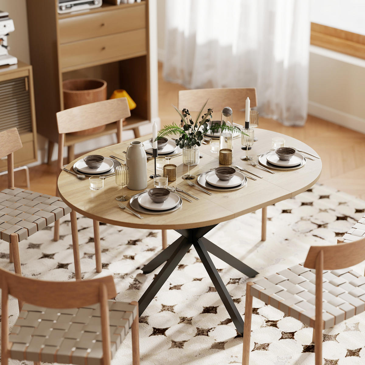 ESSTISCH ausziehbar 100/135 x 100 cm Esszimmertisch mit Tischbeine aus Stahl - Schwarz/Naturfarben, Holzwerkstoff/Metall (135/100/75cm) - HOMCOM