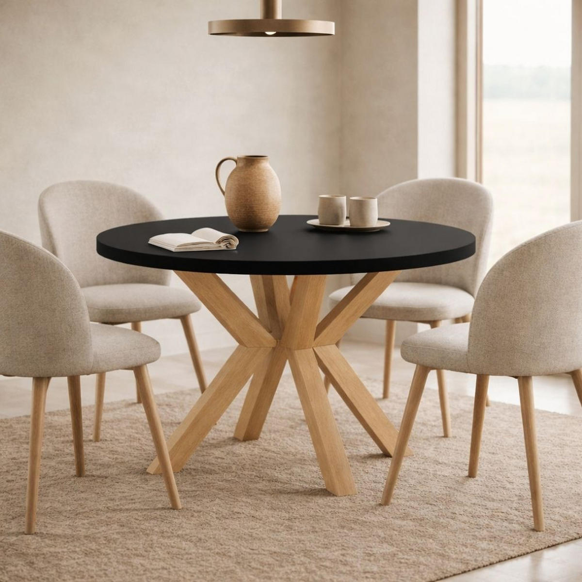 ESSTISCH RAL mit Holzbeinen, Durchmesser: 120 / 220 cm Schwarz / Buche Natur - Buchefarben/Schwarz, Holz (120/220/77cm) - Dekori_Interiors