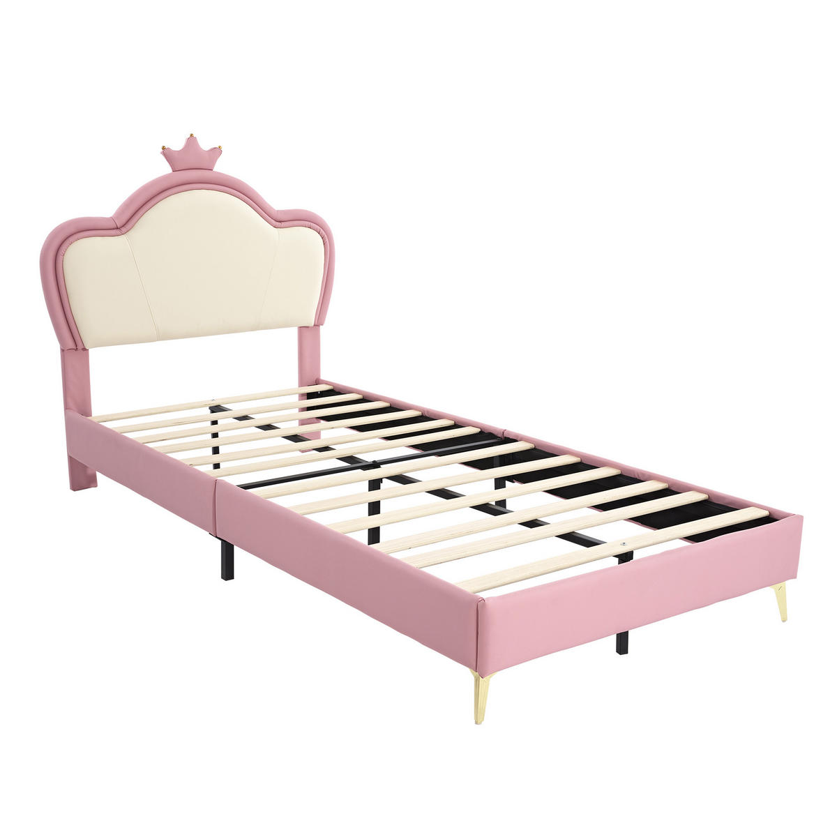 KINDERBETT 90/200 cm aus PU mit gepolstertem Kronen-Kopfteil und weichen Schutzkanten, Rosa/Weiß - Weiß, Kunststoff (90/200cm) - Redom