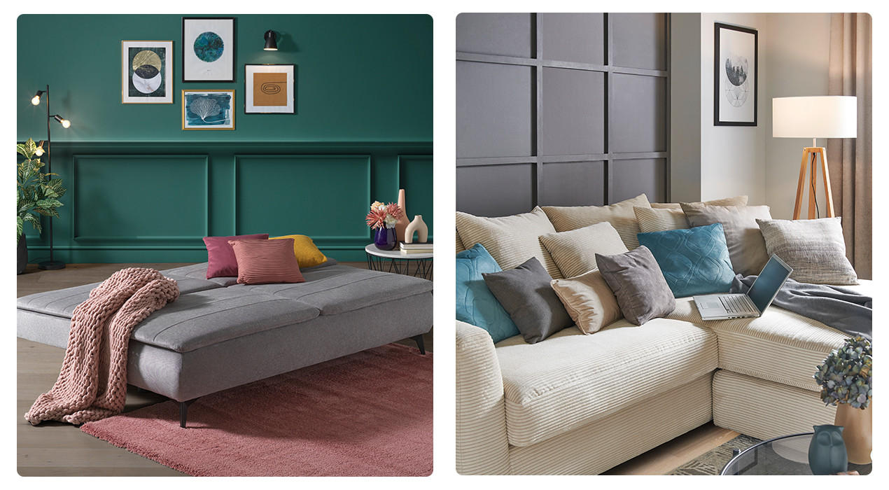 Wandfarbe im Wohnzimmer, Grün und Rot als Wandfarbe, Sofas