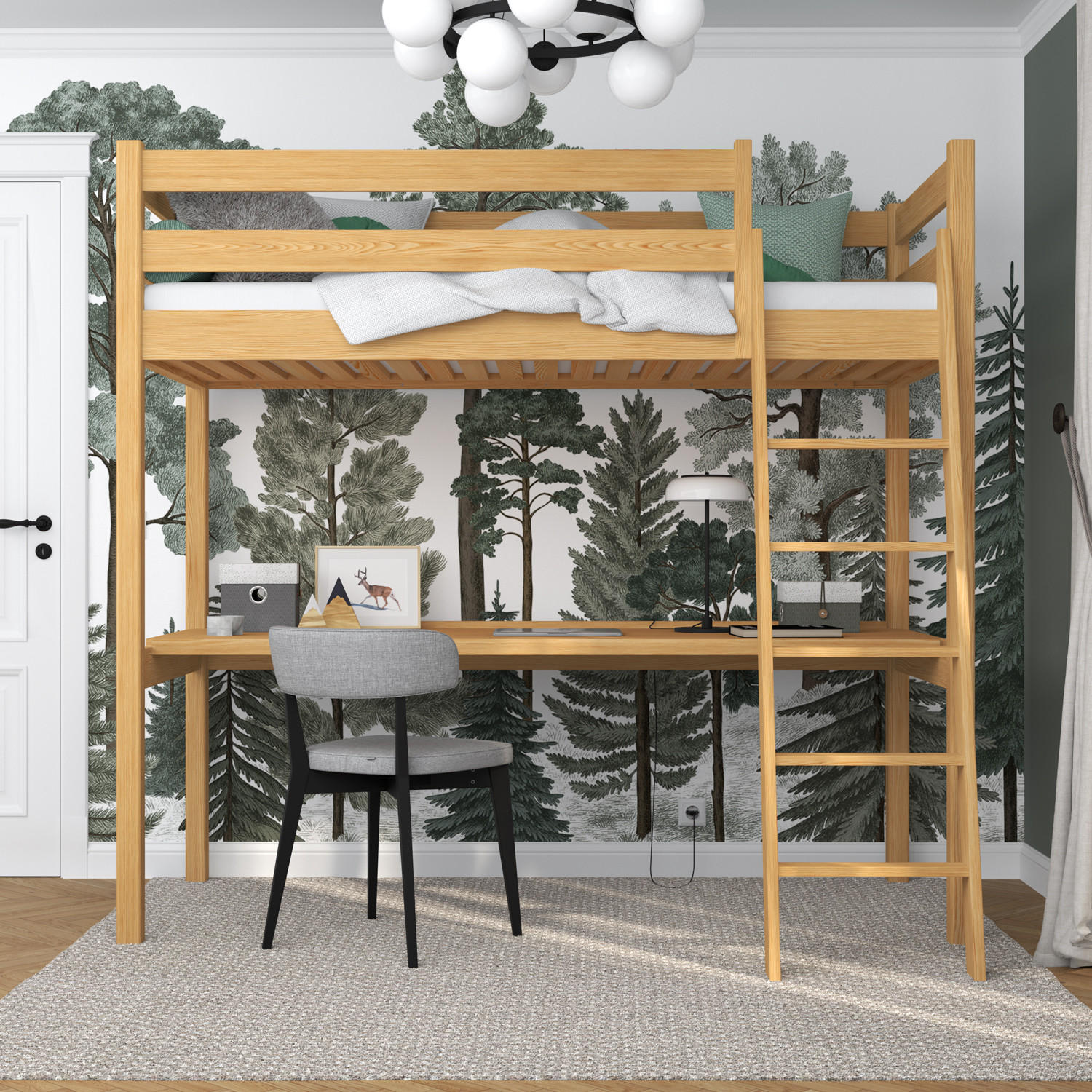 HOCHBETT N03 mit Schreibtisch Naturkiefer 100/190 - Hellbraun, Naturmaterialien/Holz (100/190cm) - N-Wood