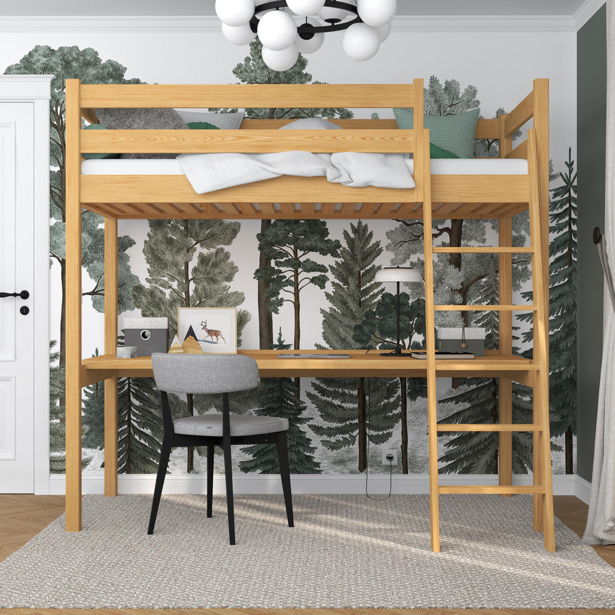 HOCHBETT N03 mit Schreibtisch Naturkiefer 90/190 - Hellbraun, Naturmaterialien/Holz (90/190cm) - N-Wood