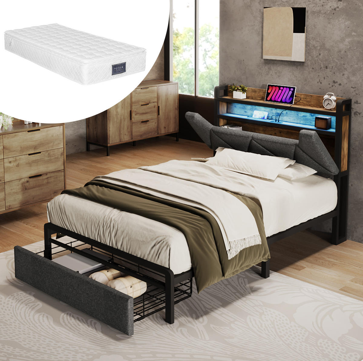 POLSTERBETT mit LED, USB und Stauraum 90x200 cm Leinen Grey inkl. Matratze - Grau, Metall (90/200cm) - Meubliv