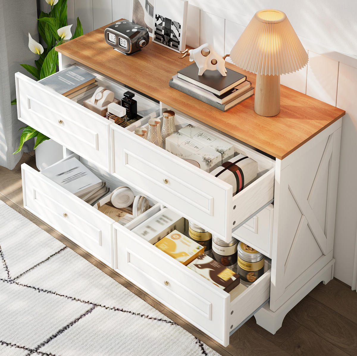 SIDEBOARD 120/40/76 cm in Weiß/Natur mit 6 Schubladen im Landhausstil - Weiß, Holzwerkstoff (120/76/40cm) - Flora Grace
