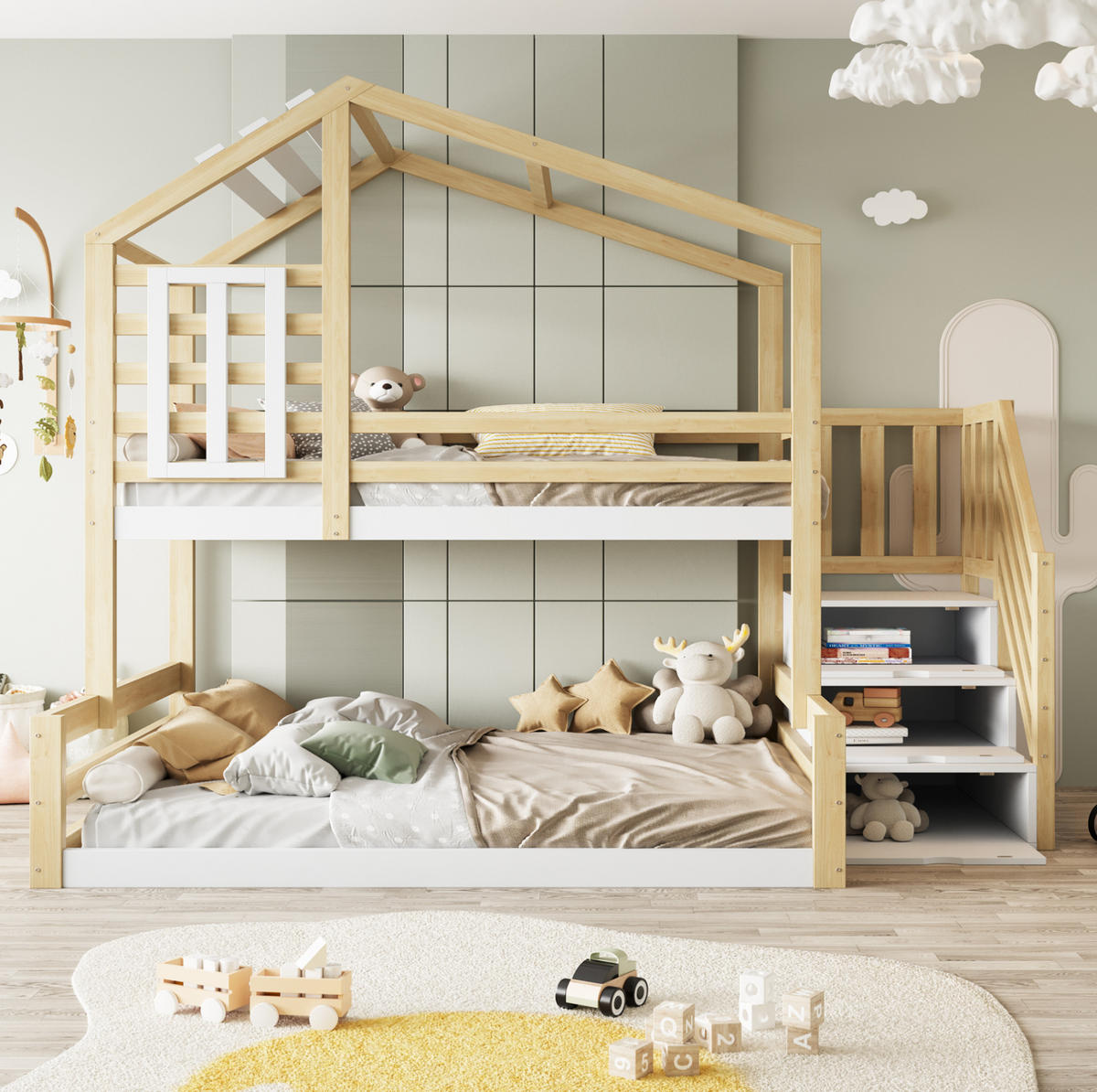 HAUSBETT 90/200 cm & 140/200 cm aus Kiefernholz mit Treppe und Stauraum - Naturfarben, Holz (90/200cm) - Flora Grace