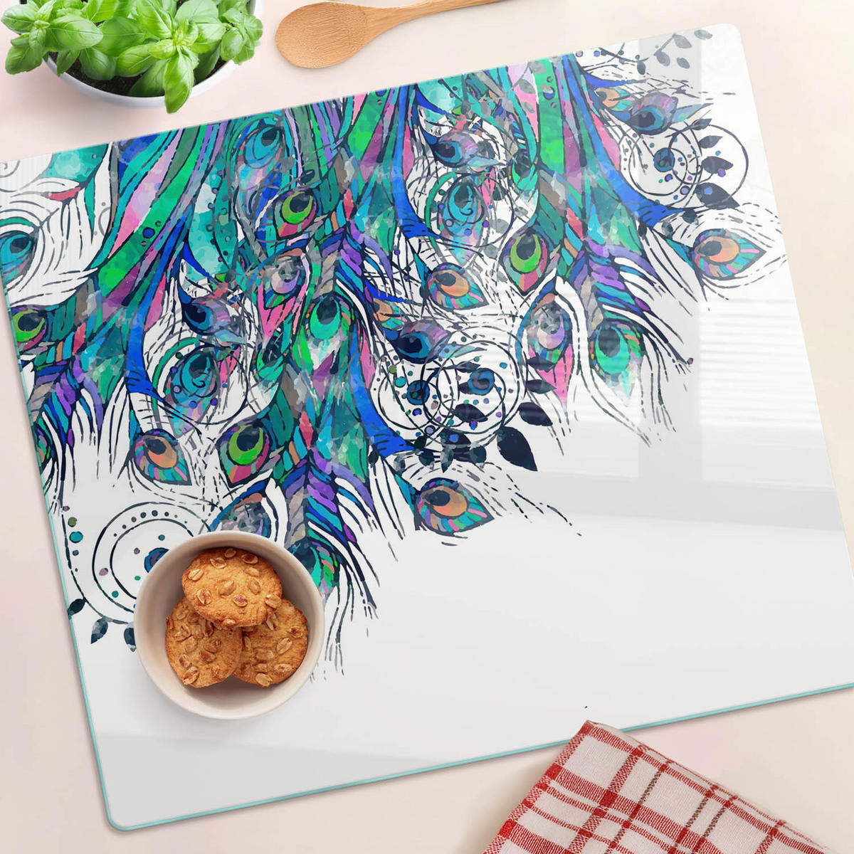 GLASPLATTE 60x52 cm Pfauenfedern - Grün, Glas (60/0.4/52cm) - TULUP