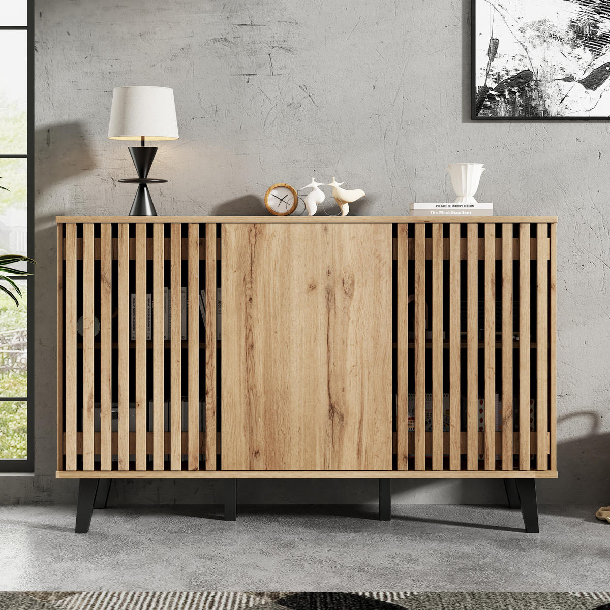 SIDEBOARD aus Spanplatte 150x40x95 cm Naturholz/Schwarz mit 3 Türen und 6 Fächern - Naturfarben, Holzwerkstoff (150/95/40cm) - IVMEU