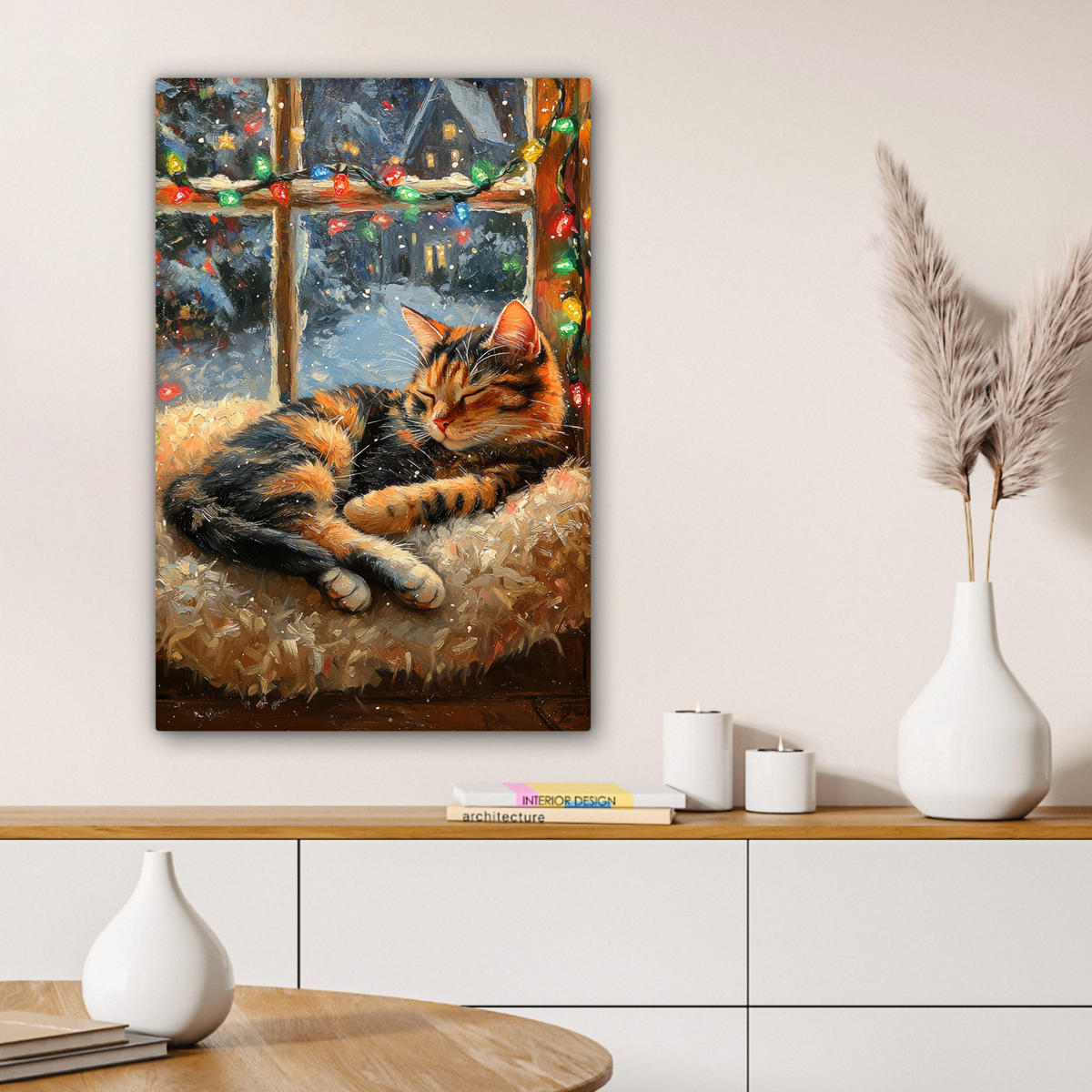 LEINWANDBILD Katze - Weihnachten - Winter - Tier Wanddeko 40x60 cm - Bernsteinfarben, Textil (40/60cm) - MuchoWow