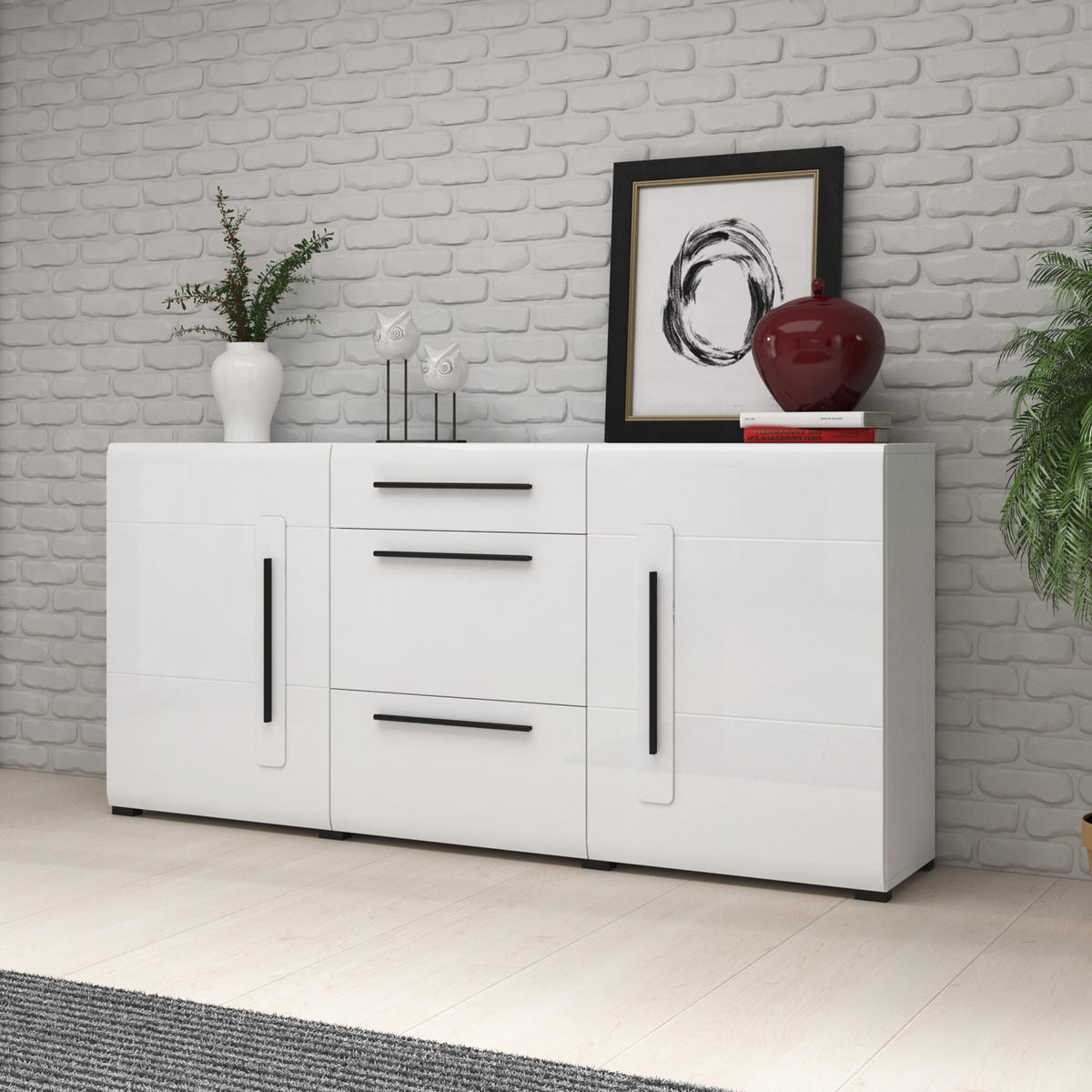 SIDEBOARD TULLIA 180/86/39 cm mit 3 Schubladen und 2 Türen Weiß - Weiß, Holzwerkstoff (180/86/39cm) - MASSENO