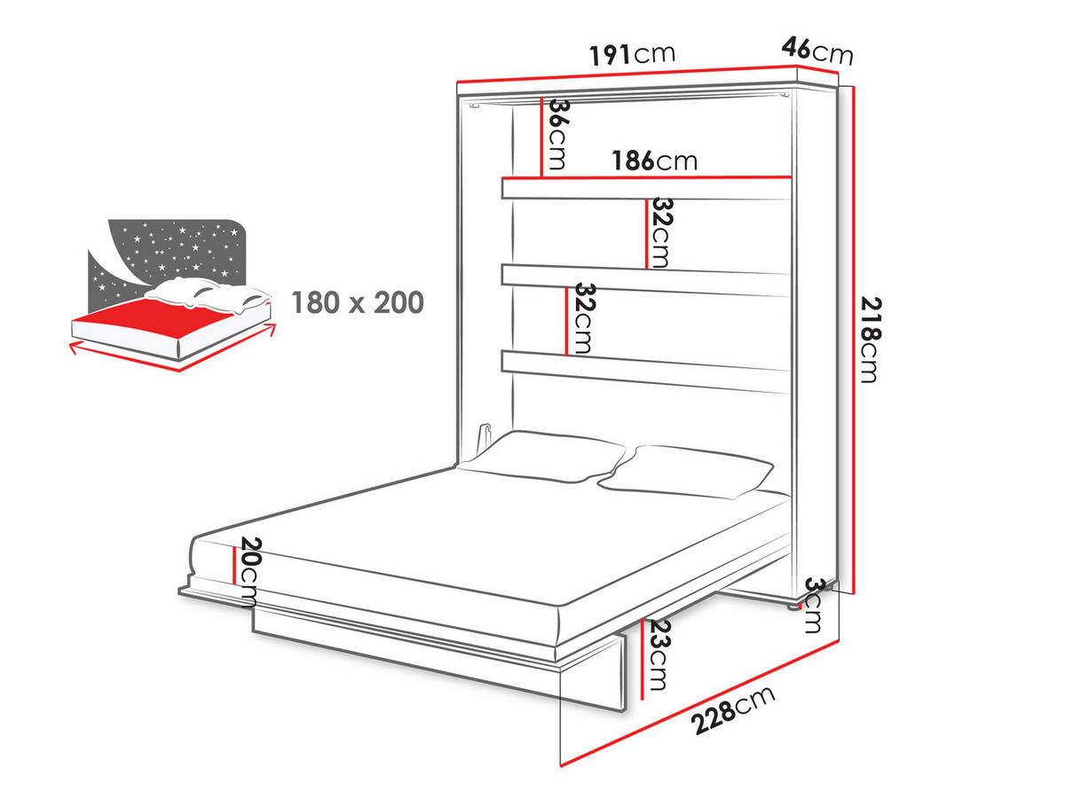 SCHRANKBETT Bed-Concept BC-13 180x200 mit zwei LED-Lampe - Grau, Holz/Holzwerkstoff (180/200cm) - MIRJAN24