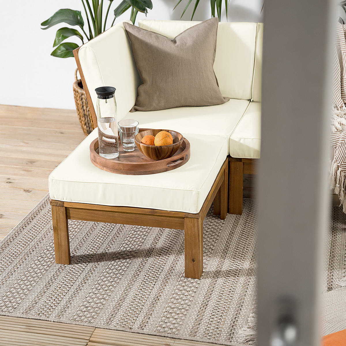 LOUNGESOFA - Webstoff / Akazie massiv - 4-teilig - Weiß, Holz/Textil - home24