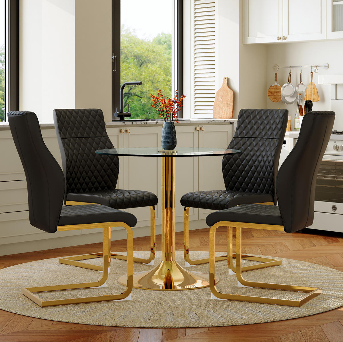 ESSZIMMER-SET mit Glastisch 5-tlg. 85 cm Schwarz/Gold - Schwarz, Metall (85/76/85cm) - Meubliv