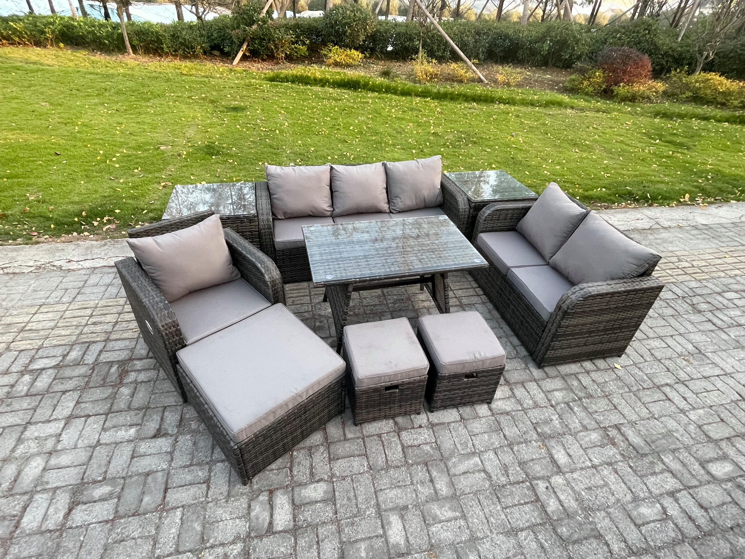 GARTENMÖBEL SET Polyrattan Dunkelgrau 9-Sitzer - Dunkelgrau/Grau, Glas/Kunststoff - Fimous