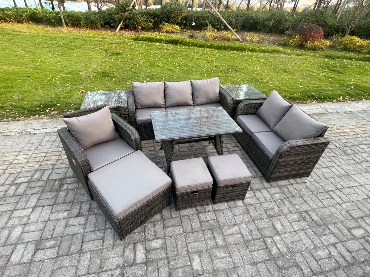 GARTENMÖBEL SET Polyrattan Dunkelgrau 9-Sitzer - Dunkelgrau/Grau, Glas/Kunststoff - Fimous