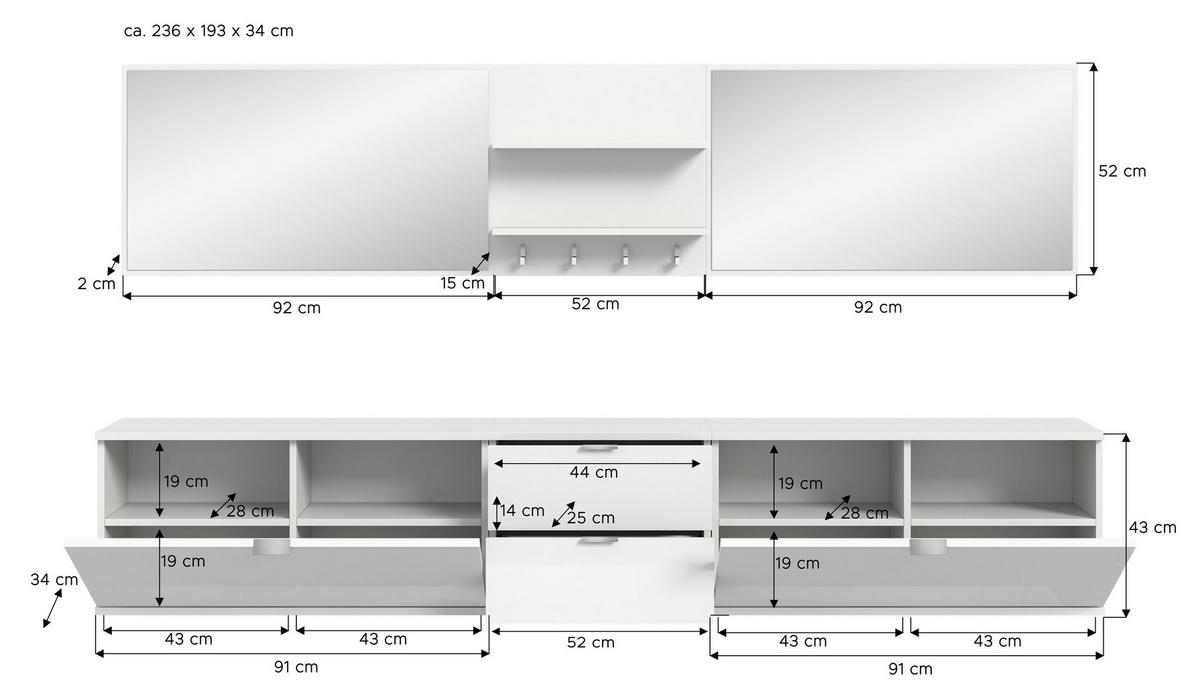 GARDEROBENKOMBINATION 6tlg. Projekt X Garderobe in weiß Nb. und weiß hochglanz B/H/T: 236x193x32 cm - Weiß, Holzwerkstoff (236/191/37cm)