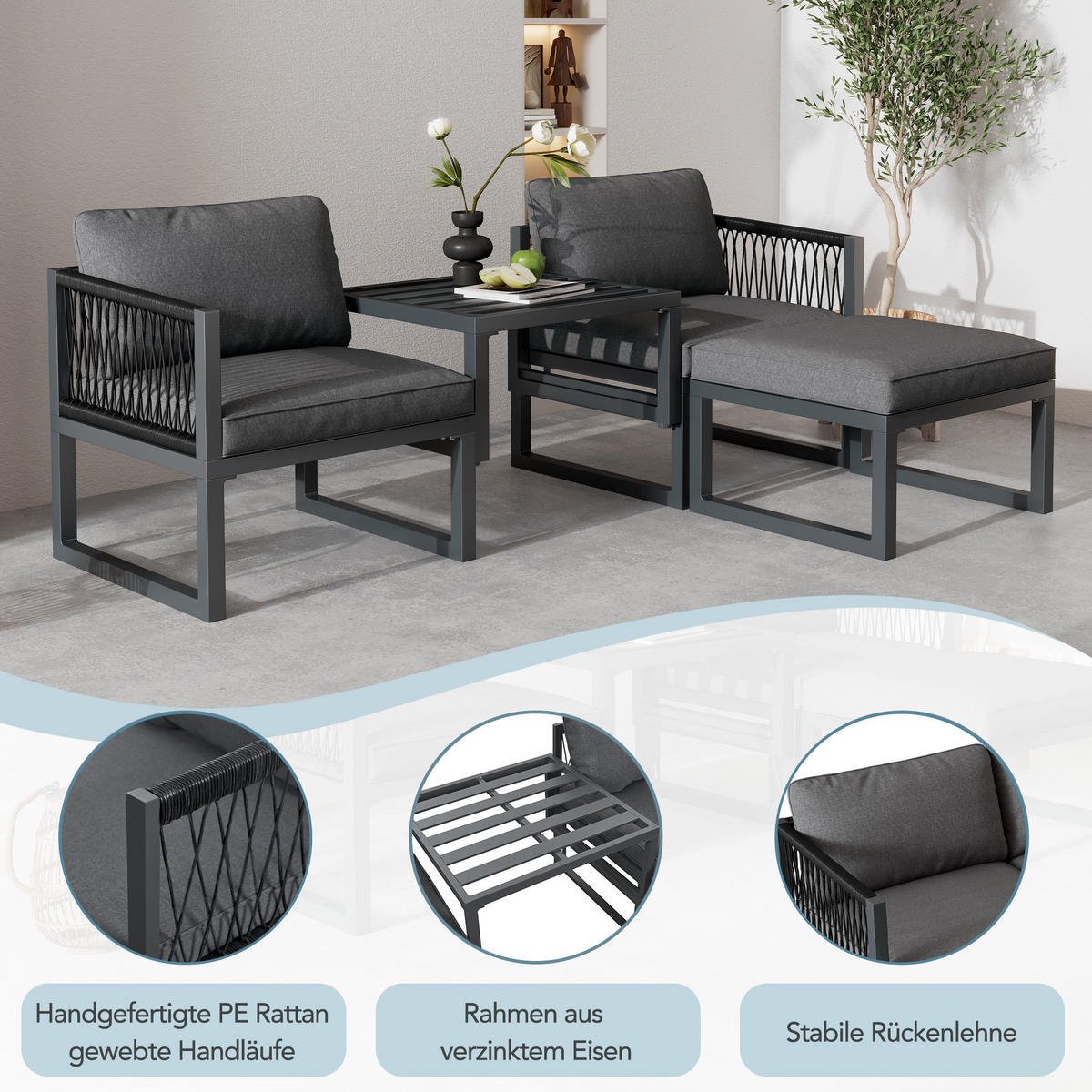 MIT 2 Sofas, 2 Fußhocker Gartenmöbel Set Garten-Sofagarnitur - Grau, Textil/Metall - STILVORA