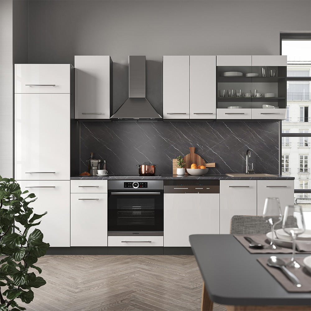 KÜCHENZEILE Fame-Line Weiß Hochglanz/Anthrazit 300 cm, AP Anthrazit - Weiß Hochglanz/Anthrazit, Holzwerkstoff (300/81.6/60cm) - Vicco
