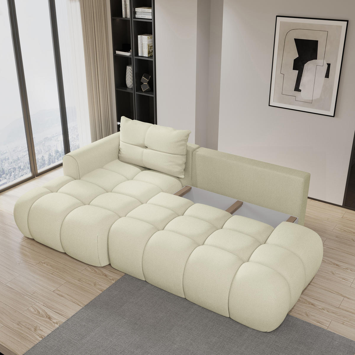 ECKSOFA FLUMA L-S Creme Geflochtener Stoff mit Schlaffunktion - Creme, Holz (274/165cm) - MASSENO