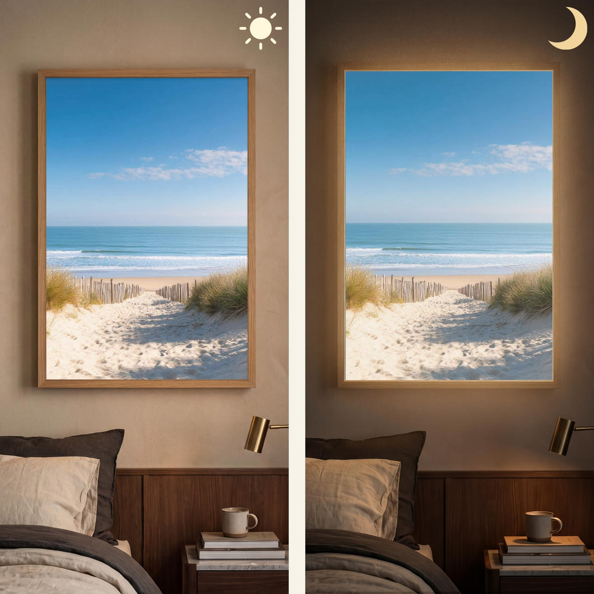 NÁSTĚNNÁ LAMPA S AKUMULÁTOREM Pláž - moře - duny - písek - léto 60x90 cm - písková barva, kompozitní dřevo (60/90/8cm) - OnlyWow