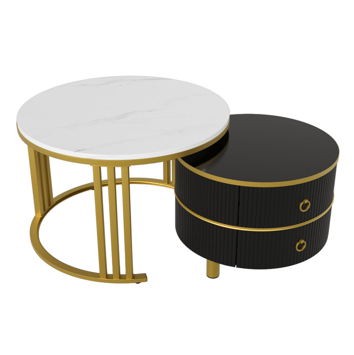 KOMMODE, 2‑teiliger runder Couchtisch aus MDF mit Marmormuster und Hochglanz, 70/70/46 + 50/50/40 cm, Gold und Schwarz - Schwarz, Holzwerkstoff (70/70/46cm) - Redom