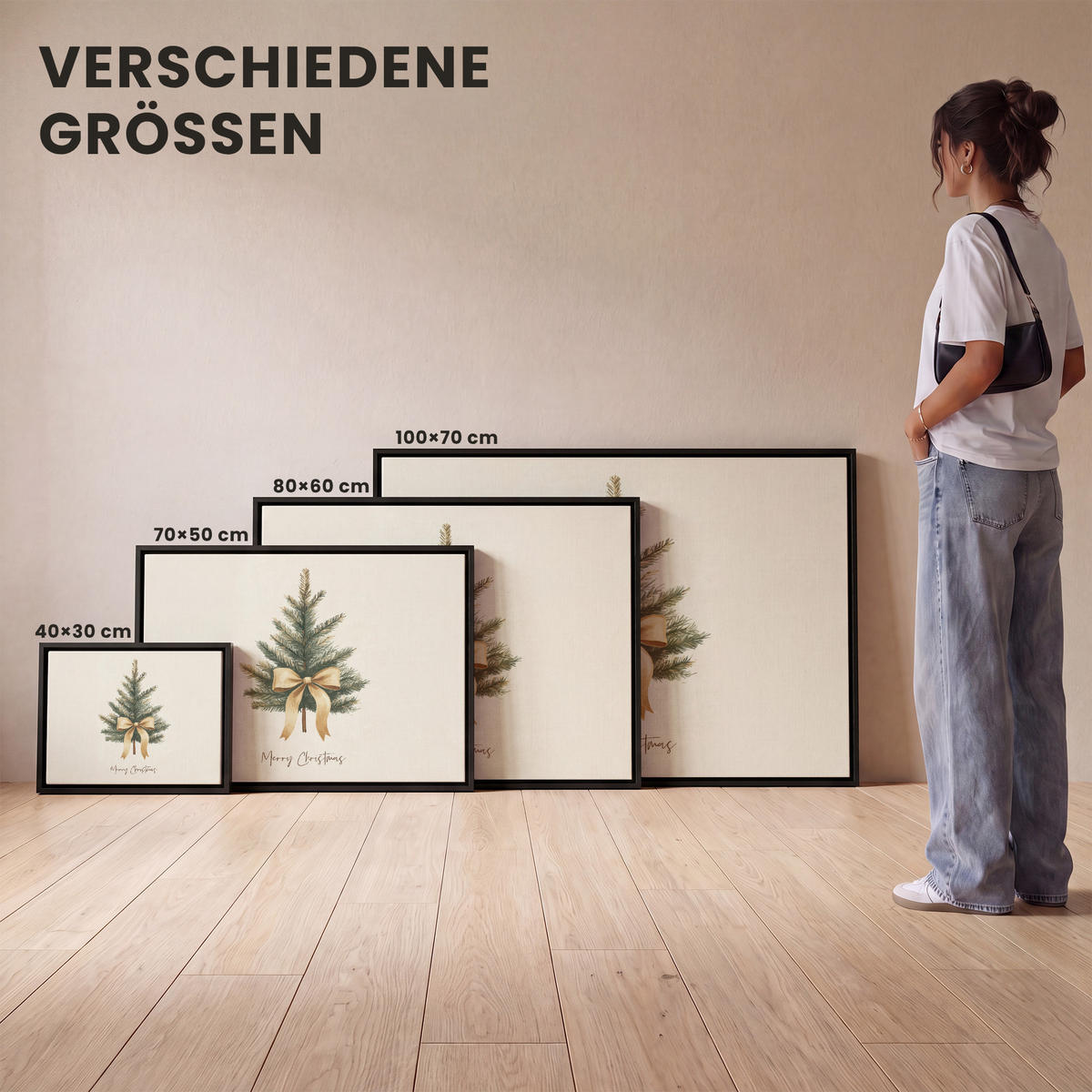 LEINWAND Bilder mit Rahmen - Weihnachtsbaum - Weihnachten - Frohe Weihnachten - Beige - 100x70 - Sandfarben, Textil (100/70cm) - MuchoWow