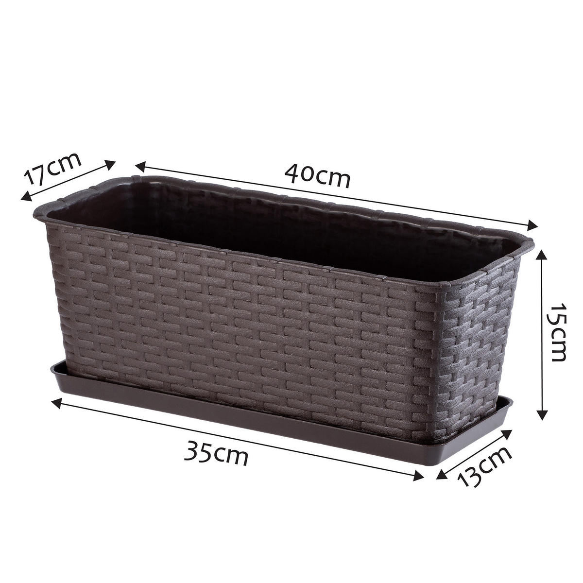 BALKONKASTEN mit Untersetzer 40 cm, Braun - Braun, Kunststoff (17/40cm) - KADAX