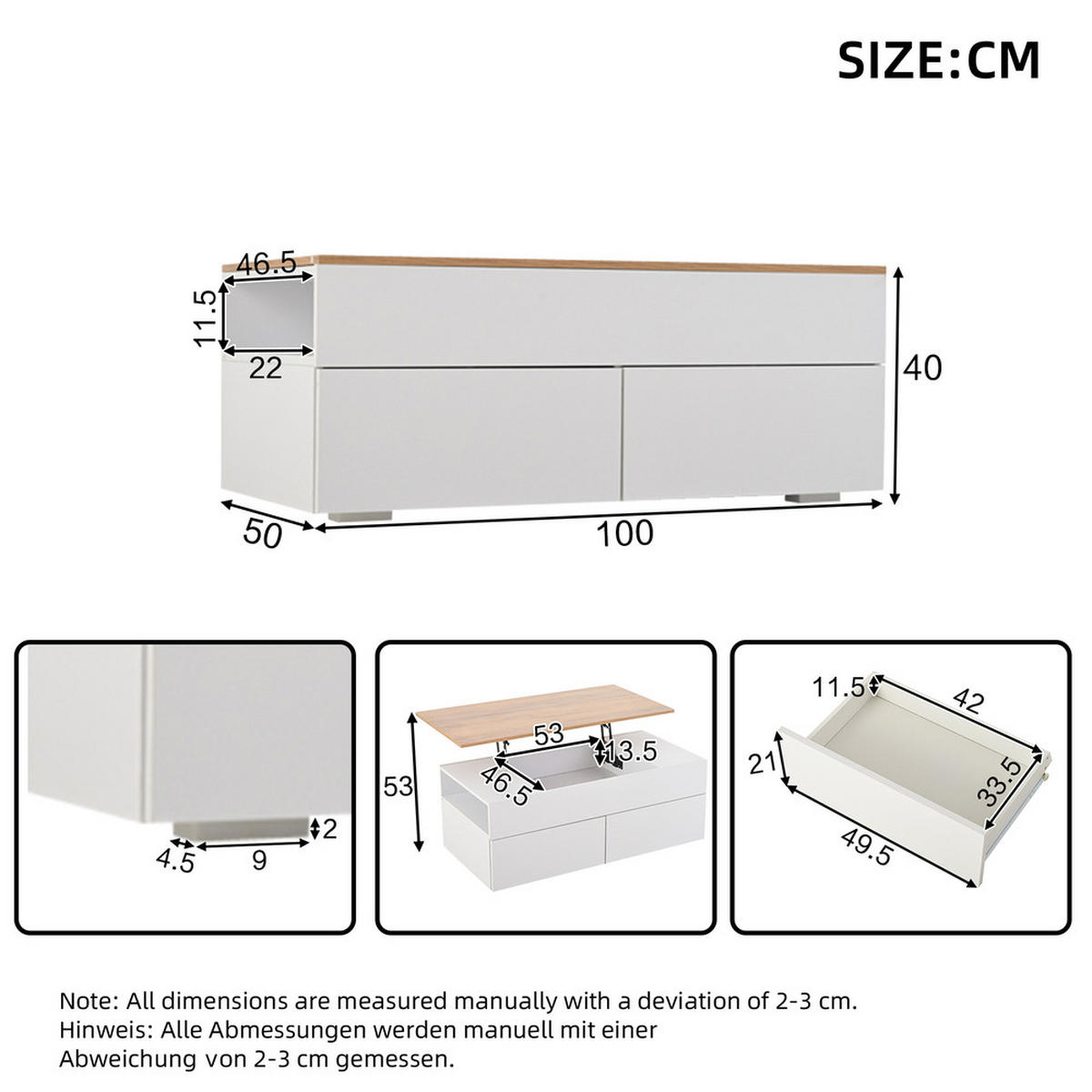 COUCHTISCH 100x50cm Weiß Holzoptik Höhenverstellbar 2 Schubladen Stauraum - Weiß, Holz (111.13/58.42/11.43cm) - FLIEKS