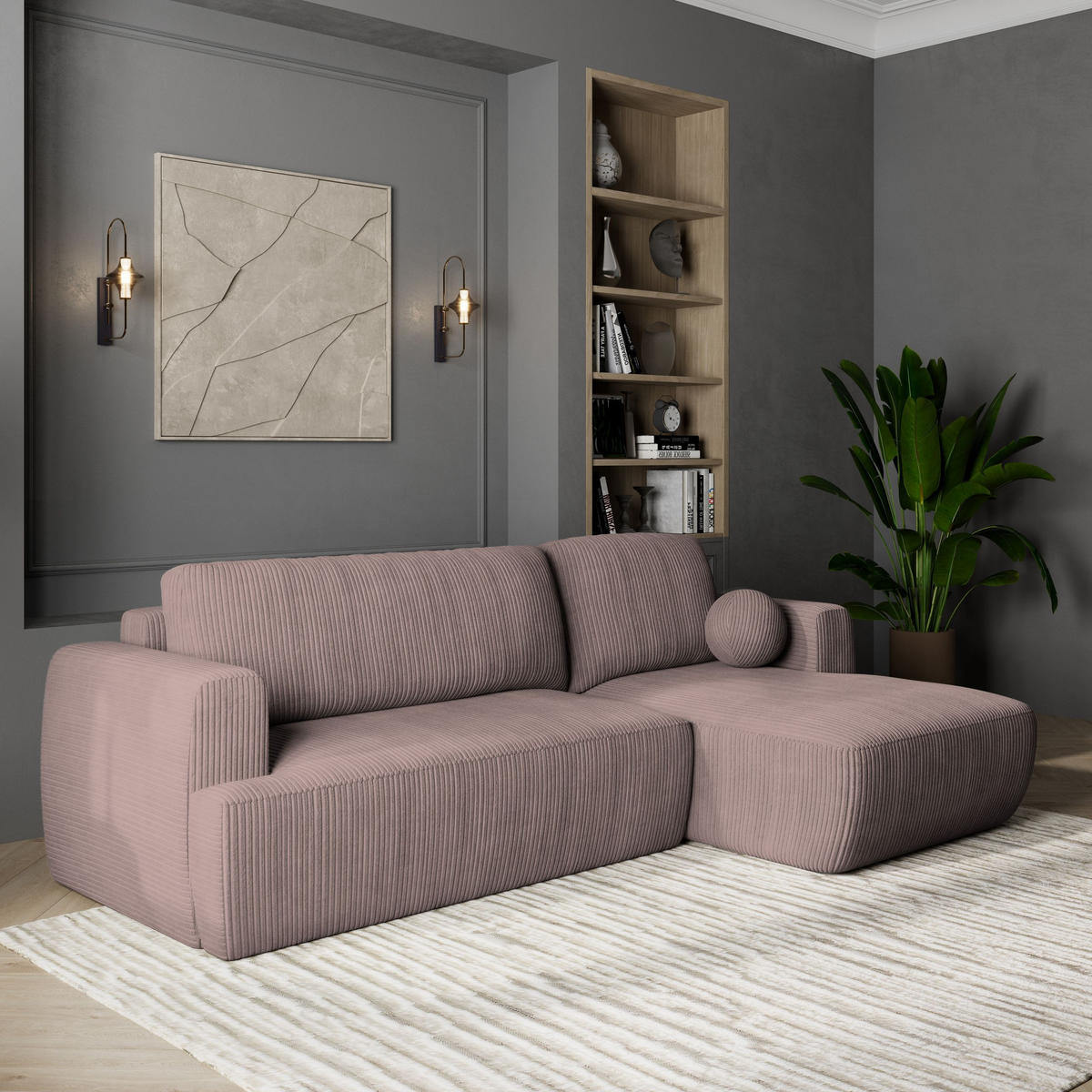 ECKSOFA SENTI P R-S Lila Kordstoff mit Schlaffunktion - Lila, Holz (246/148cm) - MASSENO