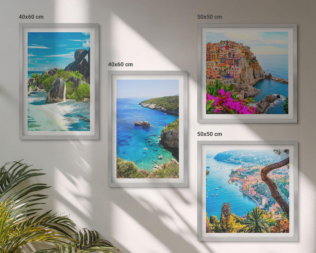 WANDBILDER 4er Set - 50x50 cm & 40x60 cm Silberner Rahmen - Palmen am Meer, blaues Wasser - Silberfarben, Kunststoff (50/50cm) - ArtPrintCave