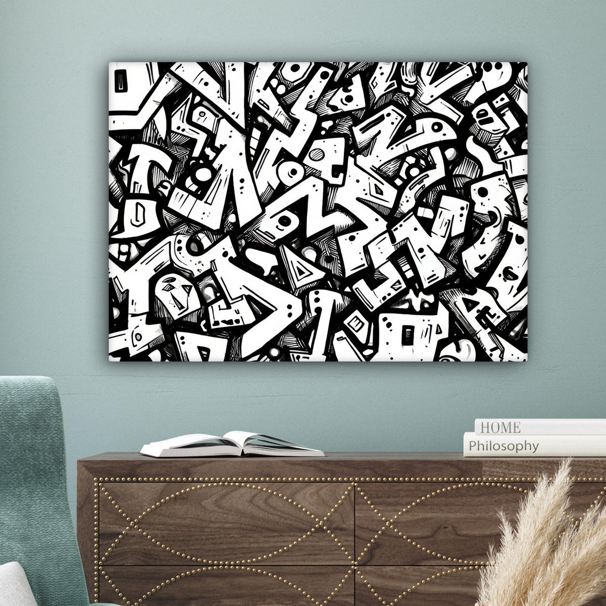 LEINWANDBILD Formen - Buchstaben - Graffiti - Schwarz Wandbilder 80x60 cm - Schwarz, Textil (80/60cm) - MuchoWow