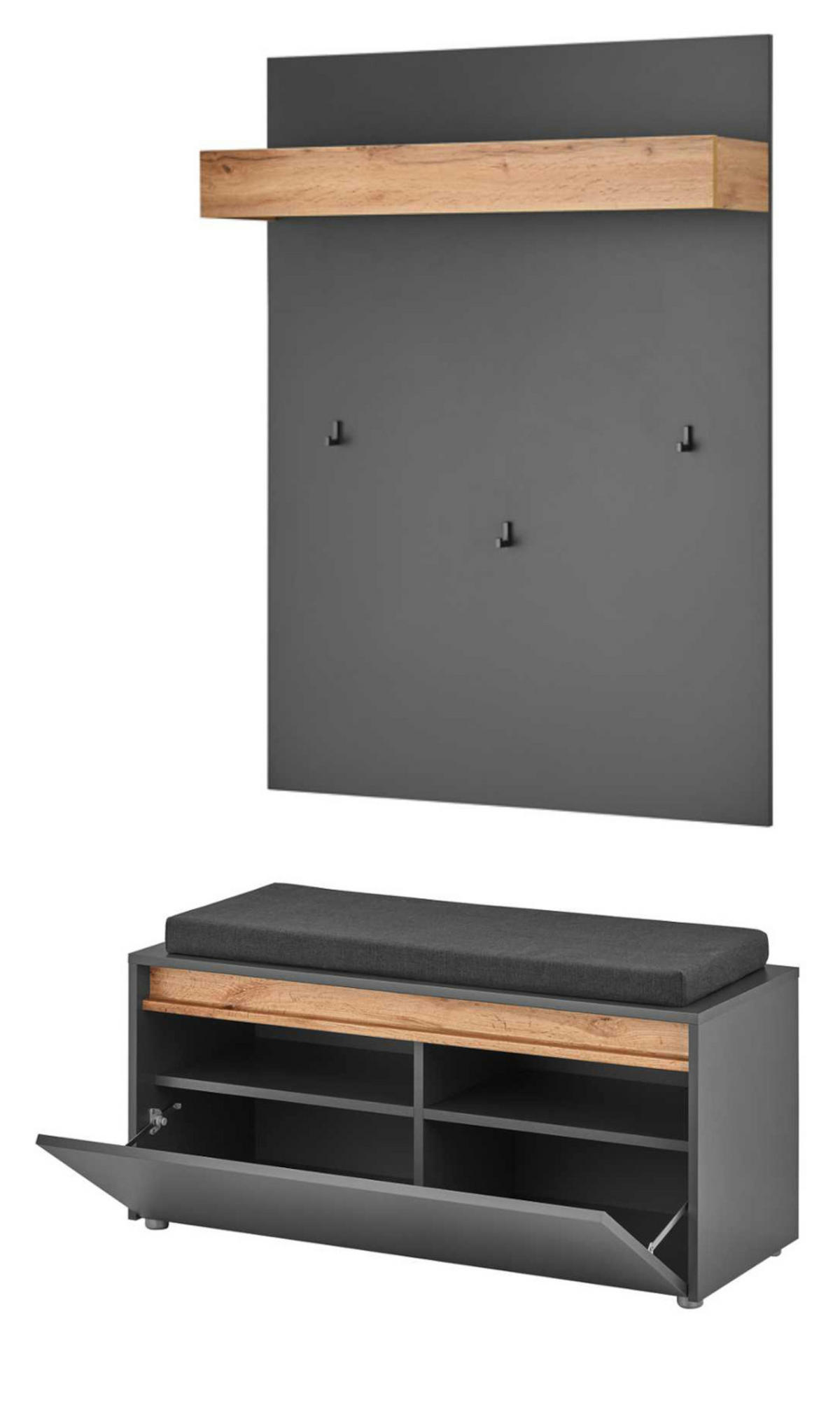 GARDEROBEN-SET 3-teilig grau matt, Eiche Wotan 100 cm, Flurgarderobe inklusive Sitzkissen - Silberfarben/Eiche Wotan, Holzwerkstoff/Kunststoff (100/200/40cm) - Furn.Design