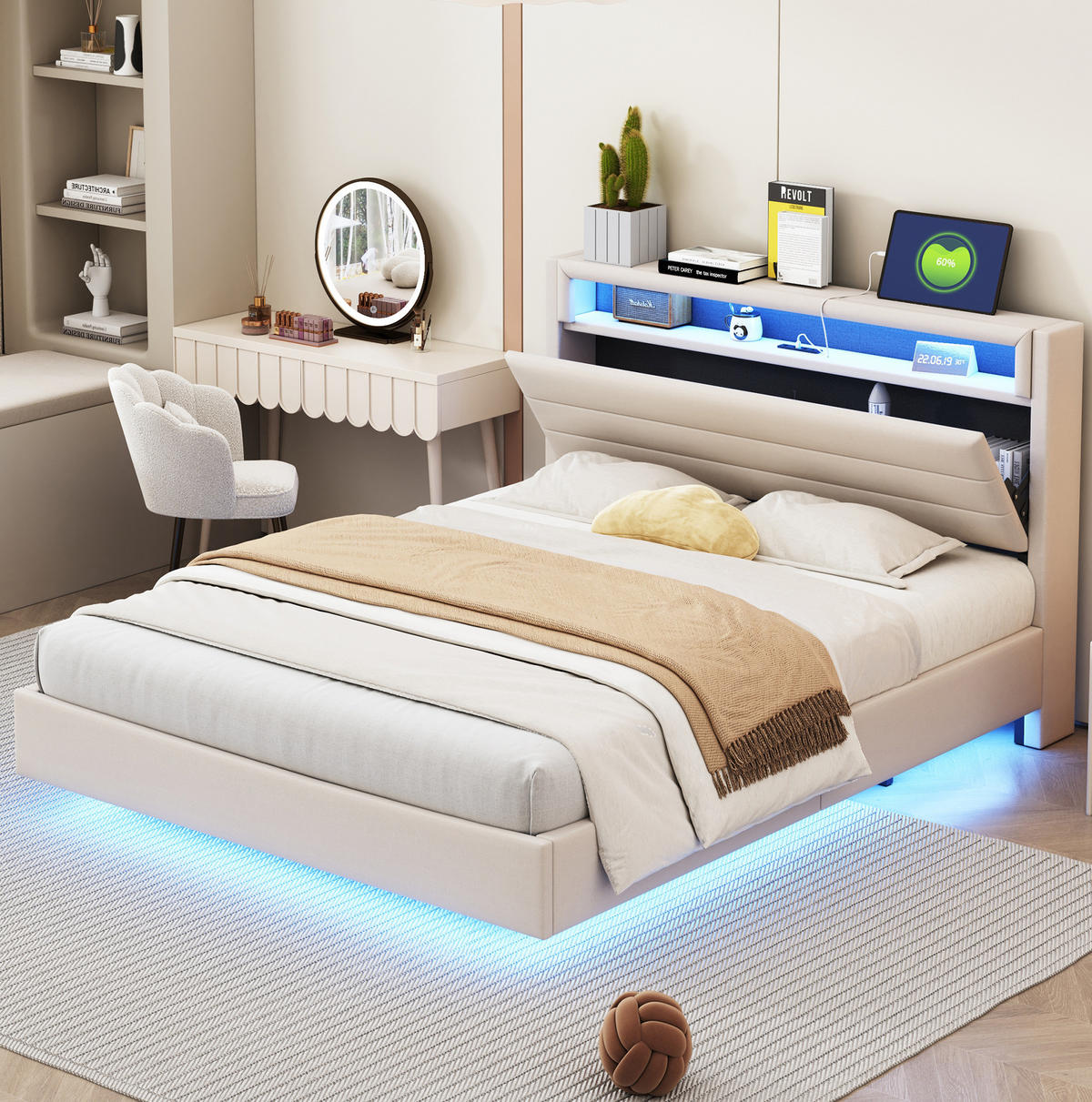ČALÚNENÁ posteľ 140/200 cm z ľanovej tkaniny s USB portom a RGB LED osvetlením, otočným čelom a skrytými nohami, Béžová - béžová, textil (140/200cm) - Redom
