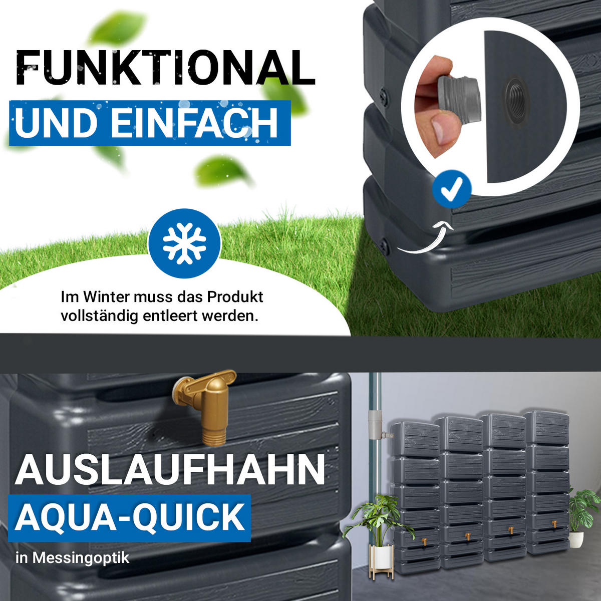 WANDTANK Komplett-Set 1400 L graphite grey 4 x 350 L inkl. Verbindungsset, Kunststoff-Auslaufhahn und Fallrohranschluss - Grau, Kunststoff (270/184/39cm) - 4rain