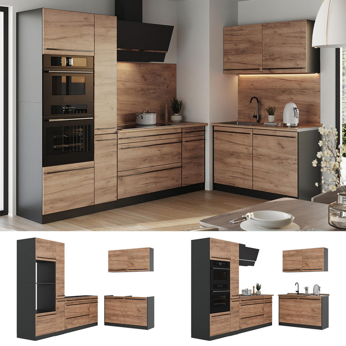 ECKKÜCHE R-Line, Goldkraft Eiche/Anthrazit, 230 x 120 cm Arbeitsplatte Marmor - Honigeiche/Anthrazit, Holzwerkstoff (230/206.8/60cm) - Vicco