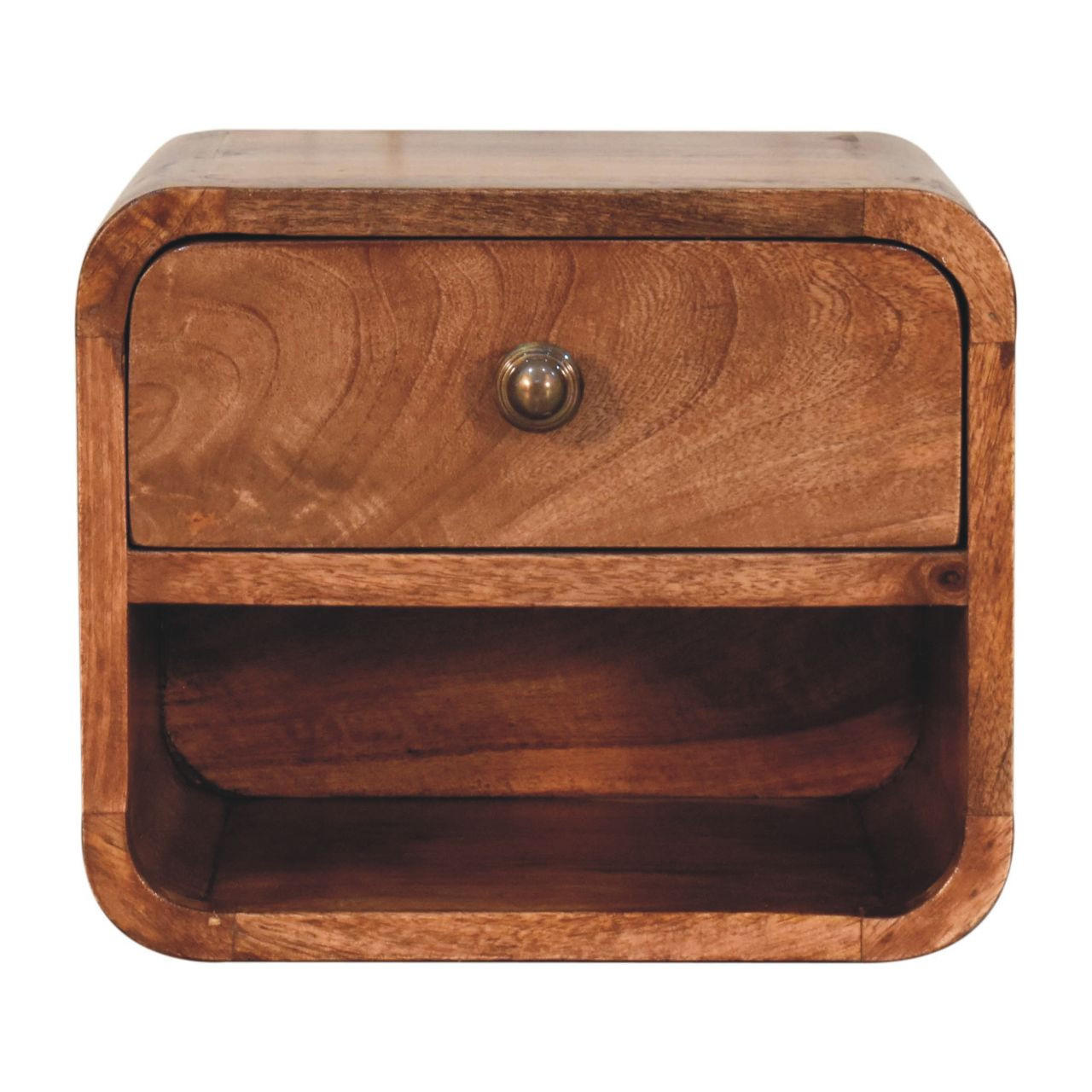 Artisan Furniture NOČNÍ SKŘÍŇKA Mini, medově karamelová, nástěnná, 1 zásuvka a otevřená přihrádka, tmavě hnědá