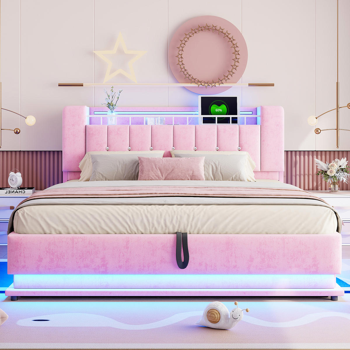 POLSTERBETT 180/200 cm Pink mit LED-Beleuchtung mit USB- und Type-C-Anschlüssen mit Stauraum Samtbezug - Rosa, Textil (180/200cm) - OKWISH