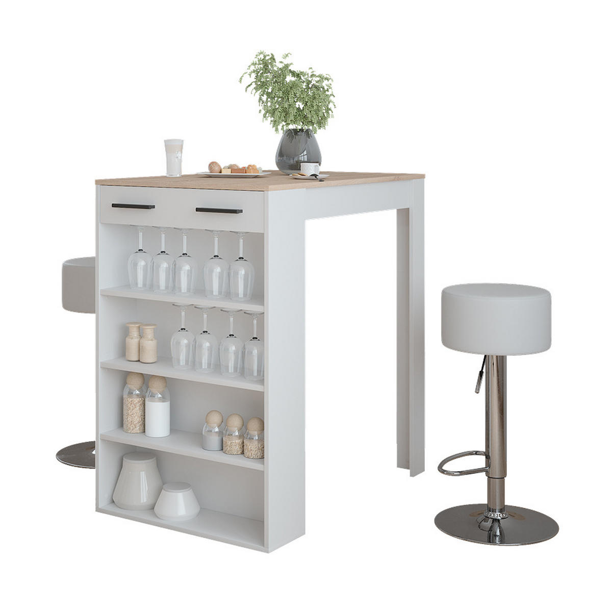 STOJACÍ BAROVÝ STŮL SE ŽIDLEMI Repose Bílá/Sonoma - bílá, kompozitní dřevo (100/67/106cm) - Vicco