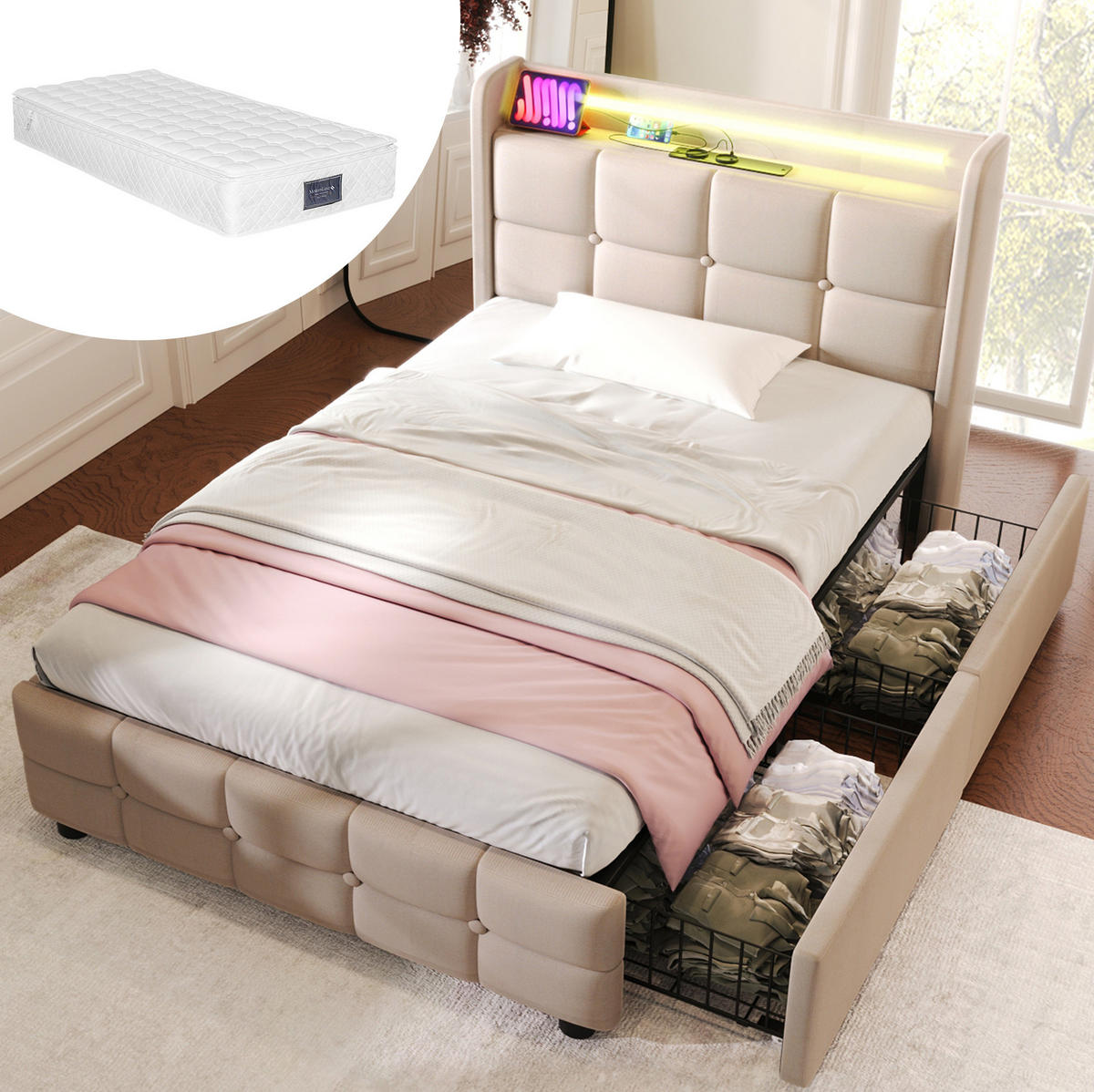 POLNJENA postelja iz lesa 90x200 cm bež z USB-polnjenjem, LED osvetlitvijo in 2 predaloma - bež, les (90/200cm) - Modfu