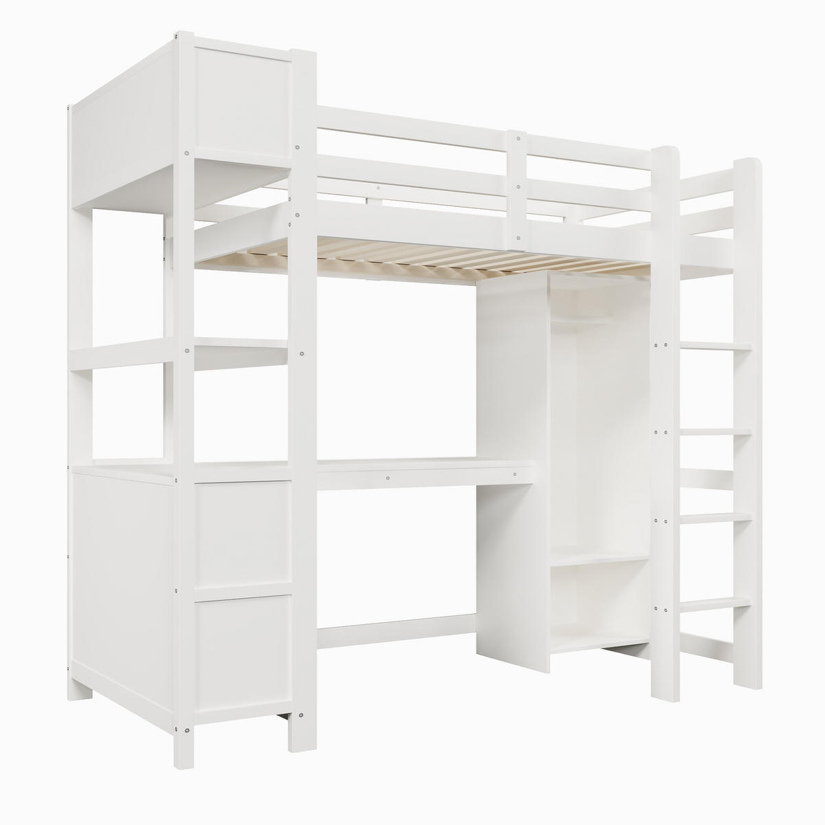 HOCHBETT 90/200 cm in Weiß mit Schreibtisch, Regal und Kleiderschrank im minimalistischen Design - Weiß, Holzwerkstoff (90/200cm) - STILVORA