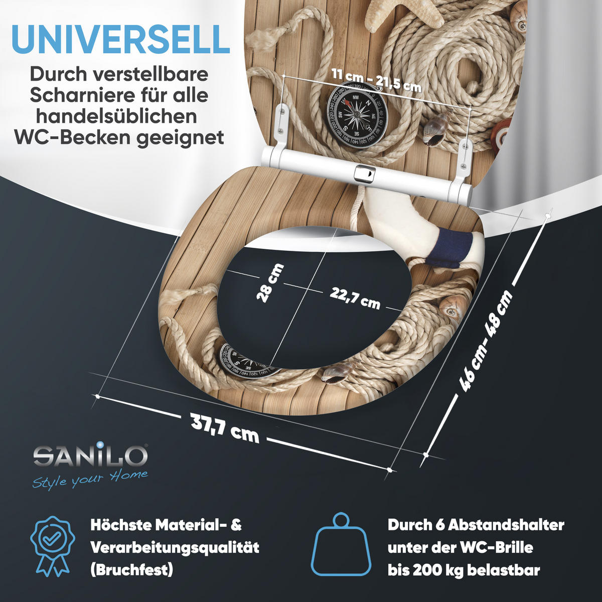 WC-SITZ mit Absenkautomatik & Top Fix Maritime - Braun, Holzwerkstoff (37.7/5.5/48cm) - Sanilo