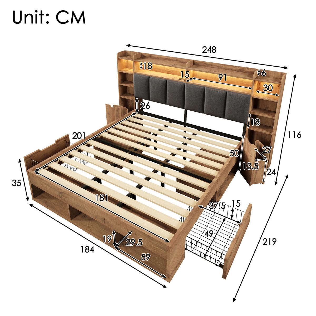 BETT 180/200 cm in Eichefarben mit Schubladen, Regal, LED, USB und Type-C Holzoptik - Eichefarben/Grau, Holzwerkstoff/Textil (180/200cm) - STILVORA